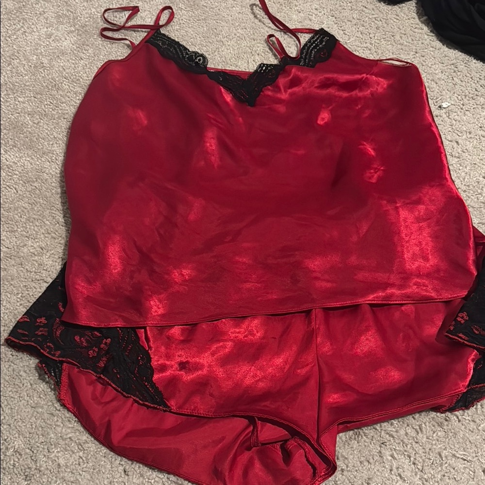 Elegant Red Satin Lace Trim Sleepwear Set